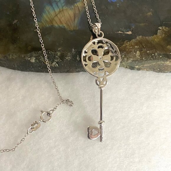 Sterling Silver 925 JCM Floral Filigree Diamond Heart Key Pendant Necklace 18" - Picture 10 of 16